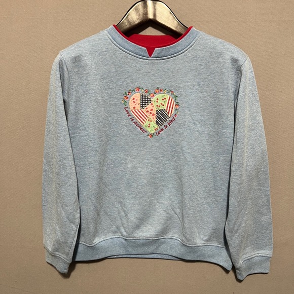 Haband Tops - Haband Womens Blue Patchwork Heart Love is Patient Sweatshirt L Double Collar